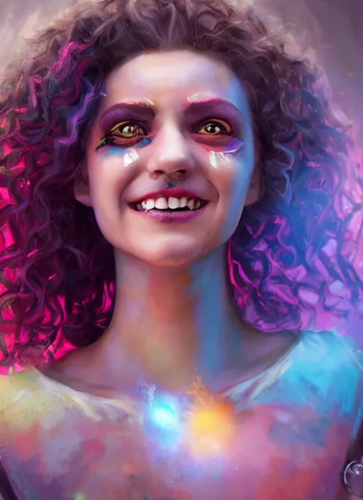 Image similar to an epic fantasy comic book style portrait painting of a girl wearing colorful makeup with a smile and curly brown hair stepping out of a doorway with light shining behind her, unreal 5, daz, hyperrealistic, octane render, cosplay, rpg portrait, dynamic lighting