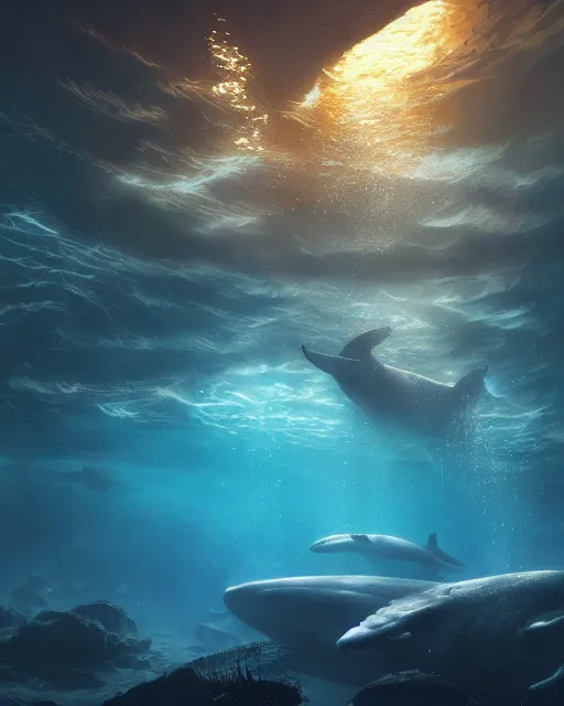 Image similar to underwater atlantis, glowing lights, whales, light, shadows, rippling reflections, epic composition, intricate, elegant, volumetric lighting, digital painting, highly detailed, artstation, sharp focus, illustration, concept art, ruan jia, steve mccurry