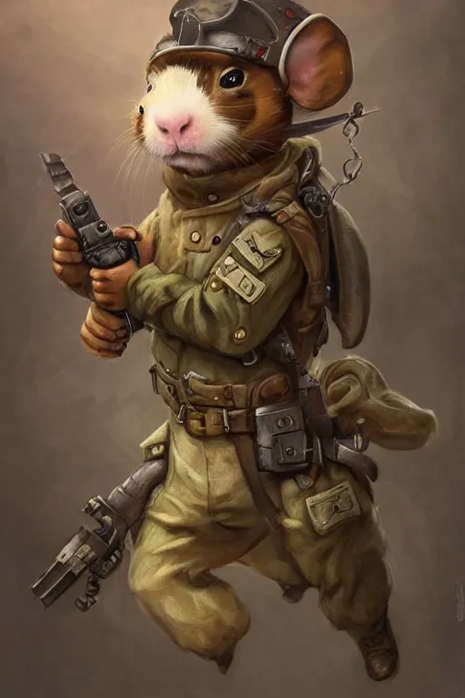 Image similar to cute little anthropomorphic Guinea Pig Paratrooper parachuting, tiny, small, short, Army ranger outfit, cute and adorable, pretty, beautiful, DnD character art portrait, matte fantasy painting, DeviantArt Artstation, by Jason Felix by Steve Argyle by Tyler Jacobson by Peter Mohrbacher, cinematic lighting