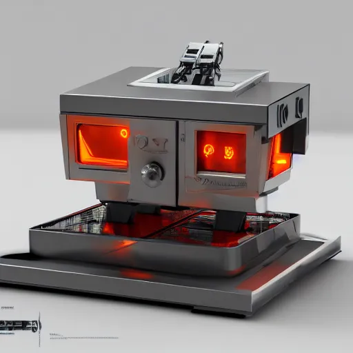 Image similar to terminator toaster oven robot, mechanical, machine, octane render, concept art, sharp focus, hyper - realistic, intricate, detailed, eduard pronin, luka mivsek, ruan jia, orange tint