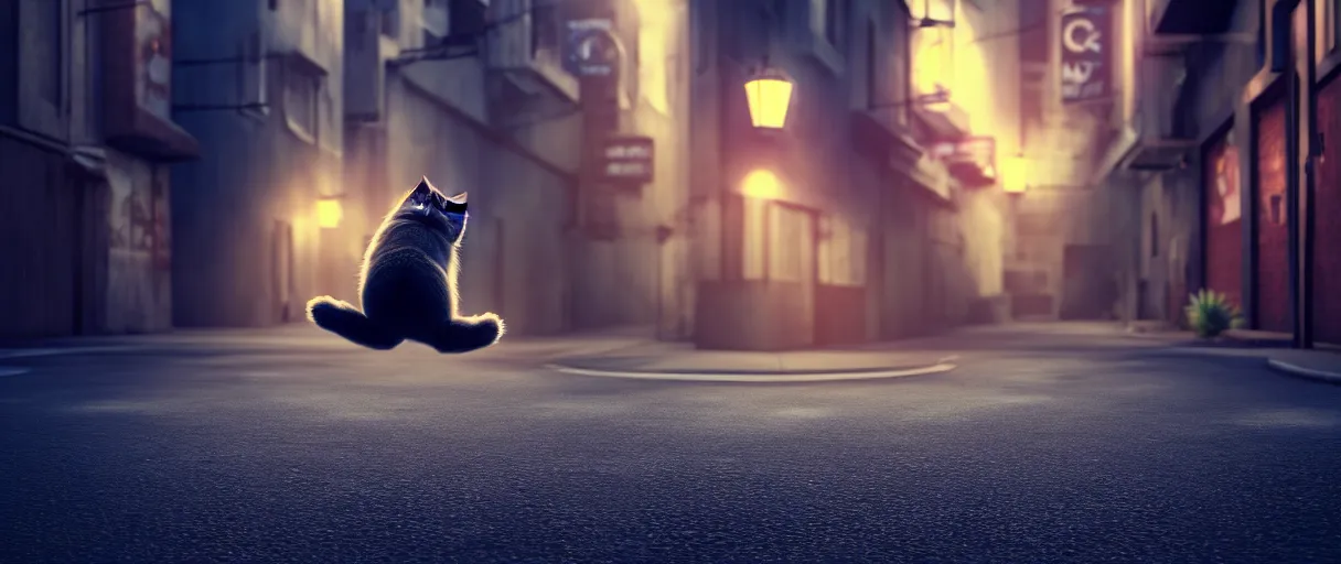 Image similar to 3d render of a cute flooffy fat catman jumping on a dark city alley sharp cinematic lighting octane 8k low angle shallow depth of field