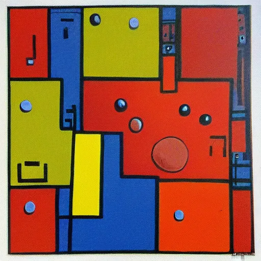 Prompt: painting of friendly alien creature in the style of piet mondrian