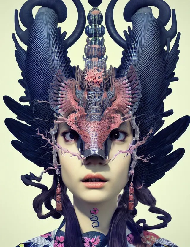 Image similar to 3 d goddess close - up frontal portrait with ram skull. beautiful intricately detailed japanese crow kitsune mask and clasical japanese kimono. betta fish, jellyfish phoenix, bio luminescent, plasma, ice, water, wind, creature, artwork by tooth wu and wlop and beeple and greg rutkowski