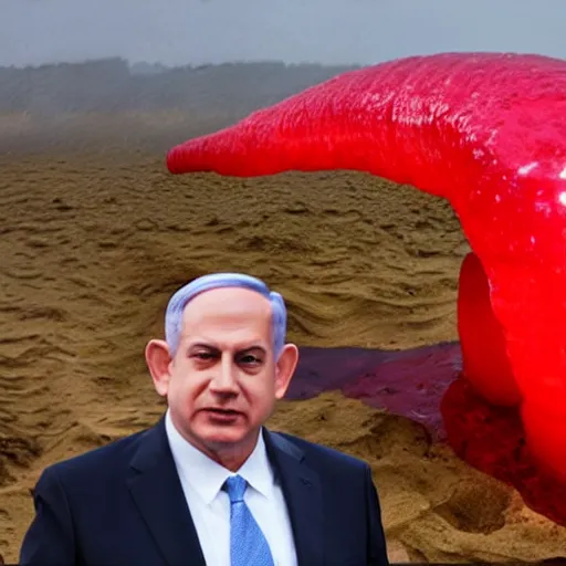 Image similar to a giant benjamin netanyahu sculpture made out of juicy red jelly, in the sea, long shot, hyper detailed, hyper realistic, ray tracing, 8 k resolution, sharp focus, realistic water, award winning