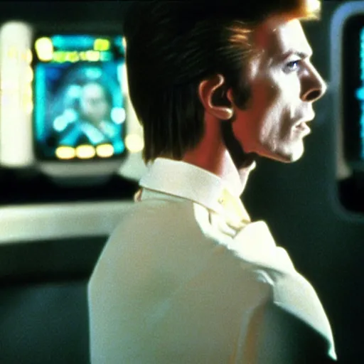 Image similar to A young David Bowie on the bridge of a starship, movie still,colour