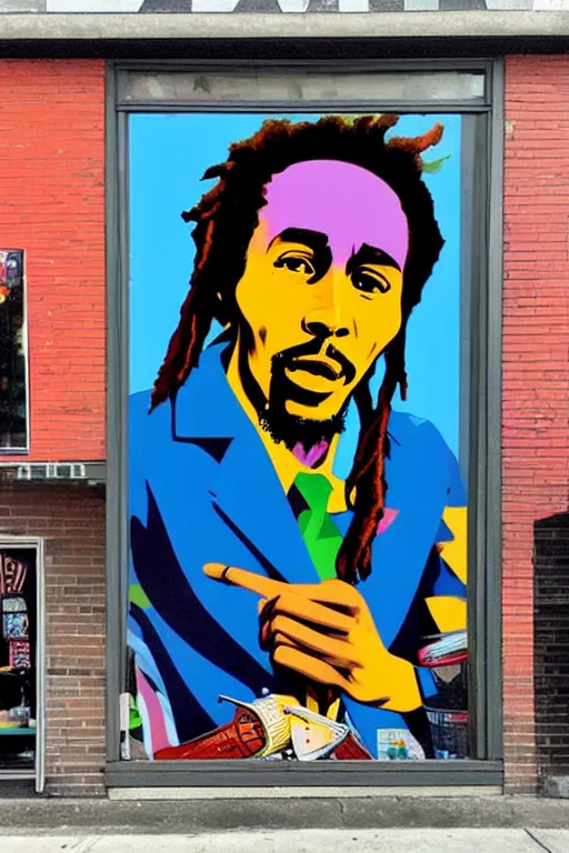 Image similar to bob marley sittin in front of barber shop!!! pop art, pixel, bioshock, gta chinatown, artgerm, richard hamilton, mimmo rottela, julian opie, aya takano, avoid duplicate!!!, avoid redudance!!!