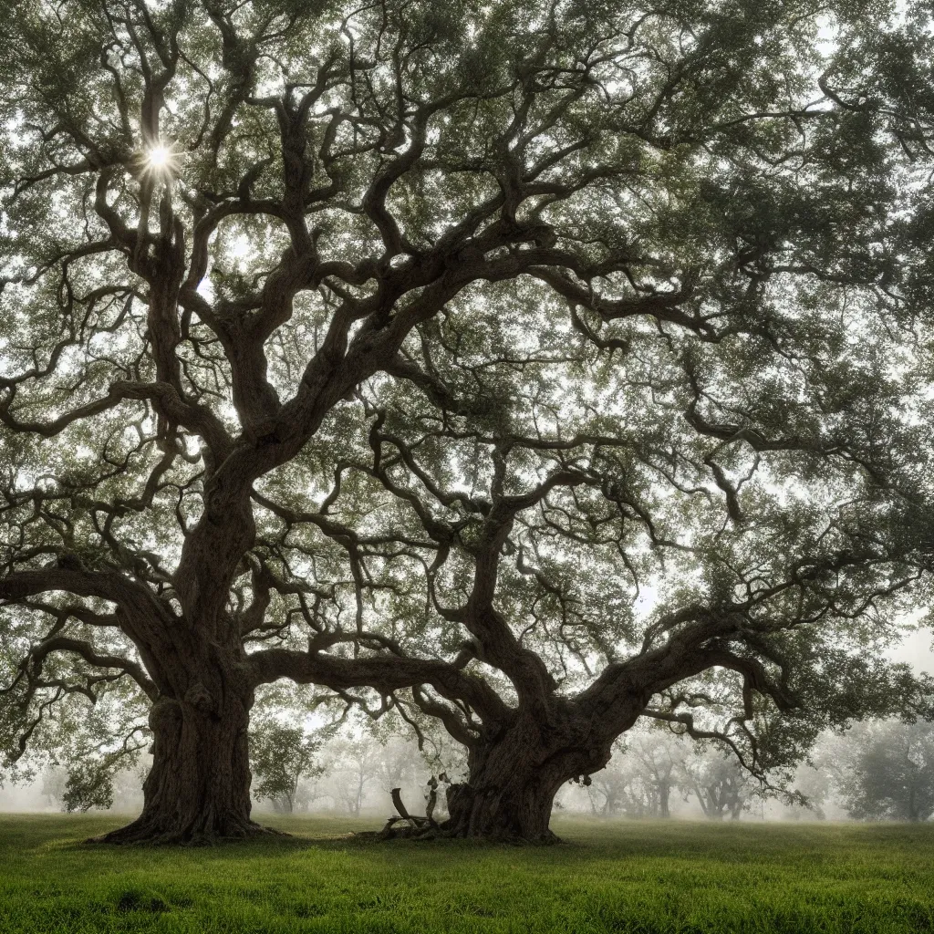 Image similar to old oak tree smoothly transitioning into four seasons of the year, with big tree hollow in the trunk, with ladder hanging down from the tree hollow, the tree is growing on a meadow partially covered with morning fog cinematic lighting, photo realistic image, 4K, super detailed, cinematic look