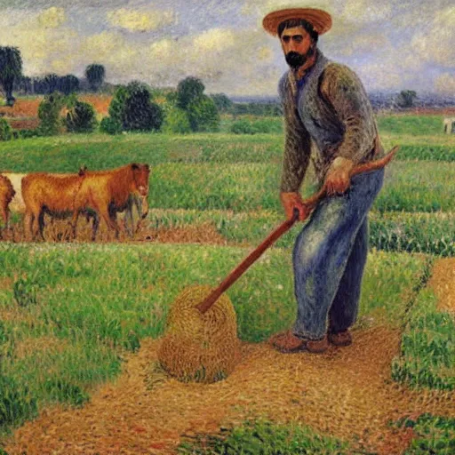 Prompt: kurdish farmer scything his farm, painting by camille pissarro, award winning art, incredibly detailed