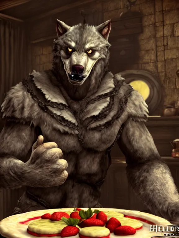 Image similar to cute handsome cuddly burly surly relaxed calm timid werewolf from van helsing sitting down at the breakfast table in the kitchen of a normal country home cooking having fun lighthearted whimsy baking strawberry tart cakes unreal engine hyperreallistic render 8k character concept art masterpiece screenshot from the video game the Elder Scrolls V: Skyrim