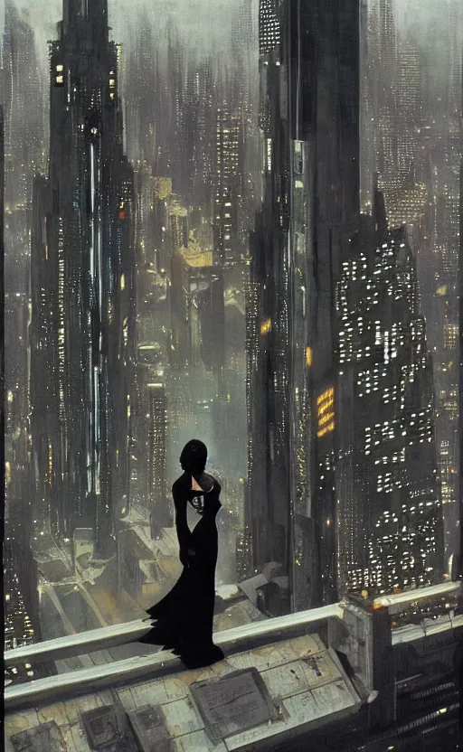 Prompt: an elegant Black woman in dress and heels, her back is to us, looking at a futuristic Blade Runner city, by Robert McGinnis.