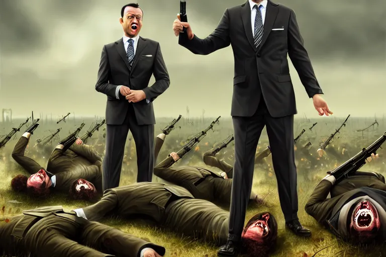 Image similar to one Comedian in suit and tie performing in a battle-field with dead bodies on the ground, detailed face, comedian is funny, performing to dead soldiers, nuclear bomb in far horizon, apocalypse, trending on artstation, artstationHD, hyperdetailed matte painting, highly detailed, digital painting, hyper-realistic, realistic, photo-realistic