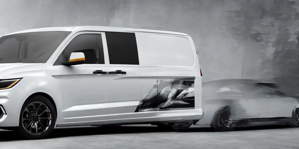 Image similar to a white van with Ford Mustang GT 2021 front design. No background, concept art style.