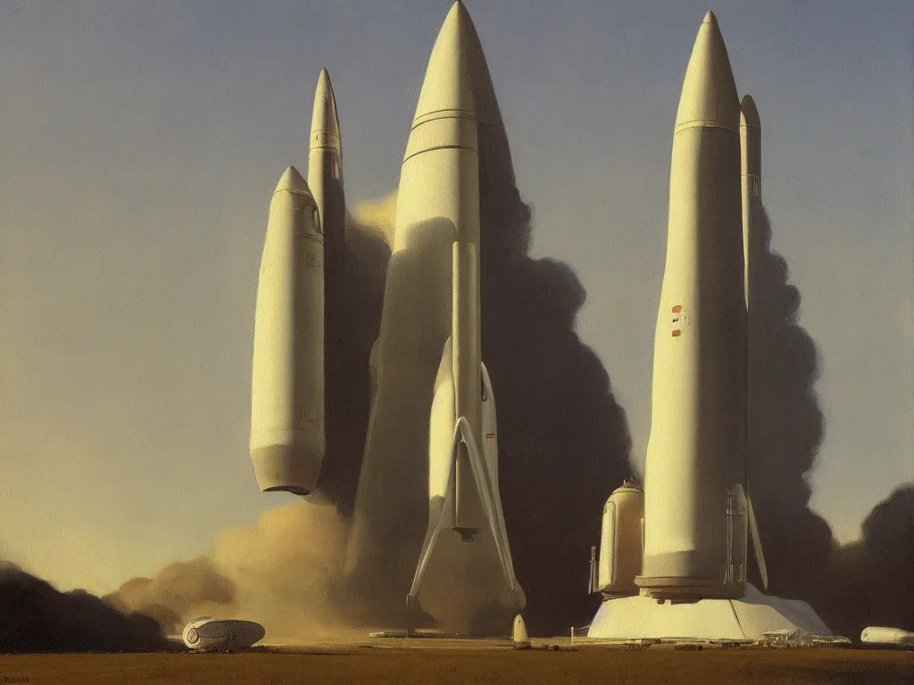 Image similar to a painting of a scifi rocket by peter ilsted