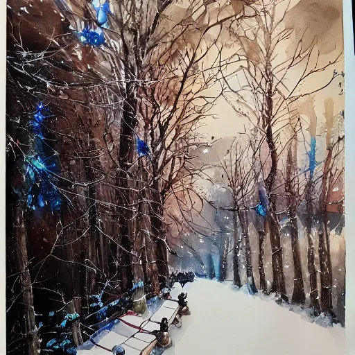 Prompt: water color on paper, winter wonderland, highly detailed, artstation, masterpiece, award - winning,