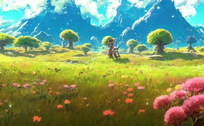 Image similar to fantastic anime sunny meadow with flowers, lone old Oak in the middle plane and mountains on the background, by Hayao Miyazaki, Nausicaa, Ghibli, Breath of the wild, Anime wallpaper