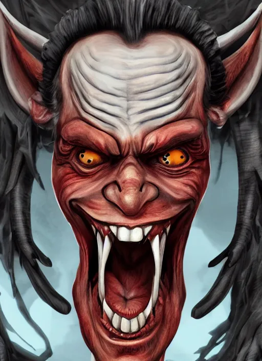 Prompt: a grinning devil dressed as an accountant, hellish, digital art, character portrait, high quality, 8 k, detailed,