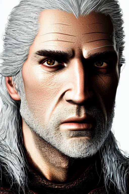 Prompt: portrait of geralt of rivia, 5 5 mm lens, professional photograph, times magazine, serious, stern look, zoomed out