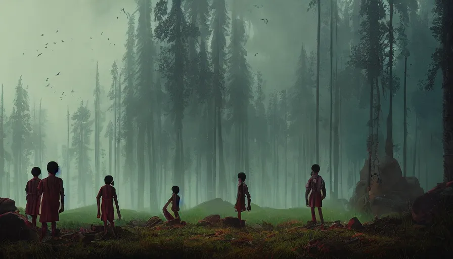 Image similar to kerala school kids wearing gender neutral uniform, an epic fantasy, dramatic lighting, cinematic, establishing shot, extremely high detail, photorealistic, cinematic lighting, artstation, matte painting by simon stalenhag, horizon forbidden west