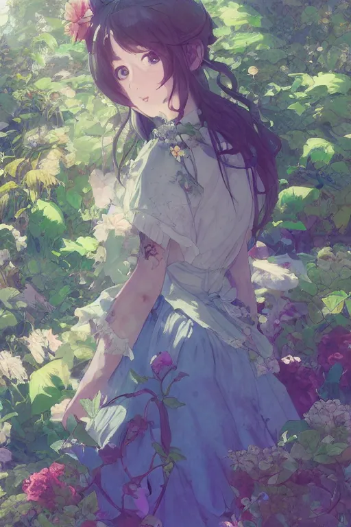 Image similar to a depressed digital art, loli in dress, garden, green and warm theme, blue accents, back lighting, highly detailed, 4 k resolution, trending on art station, by krenz cushart and mucha and akihito yoshida and greg rutkowski and makoto shinkai