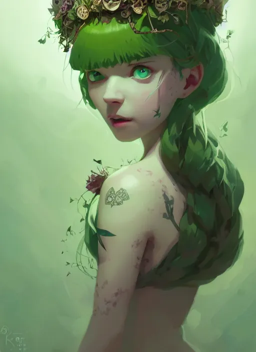 Prompt: portrait of cute fairy girl with crown of flowers covered with celtic rune tattoos, fantasy, by atey ghailan, by greg rutkowski, by greg tocchini, by james gilleard, by joe gb fenton, by kaethe butcher, dynamic lighting, gradient light green, brown, blonde cream and white color in scheme, grunge aesthetic