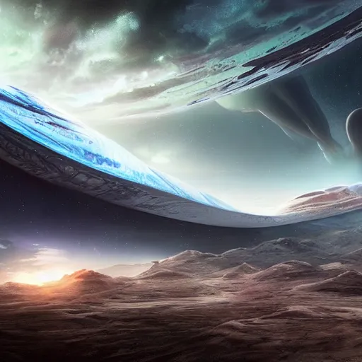 Prompt: alien landscape with a spaceport far on the horizon, epic lighting, elegant, calm, artwork by Charles Vacher