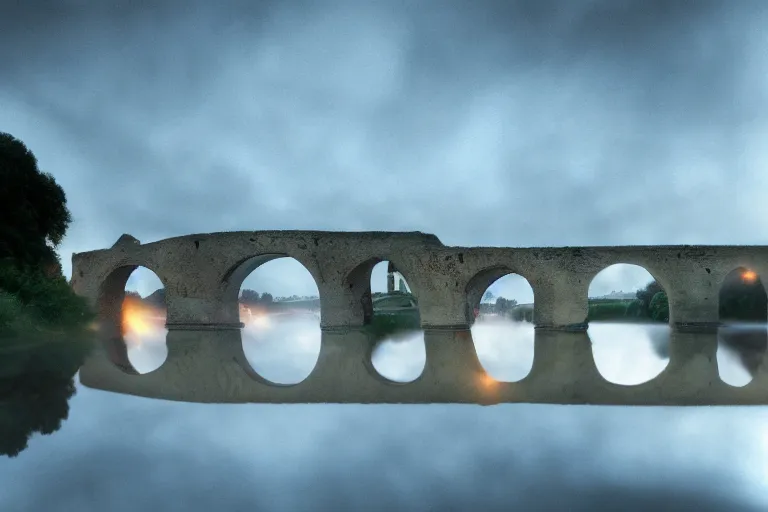 Image similar to masterpiece lomography landscape of ( pont ambroix at ambrussum ), single arch, cinematic lights, 8 k, long exposure, fog in the background, soft blue tones, by gustave courbet, artstation, deviantart