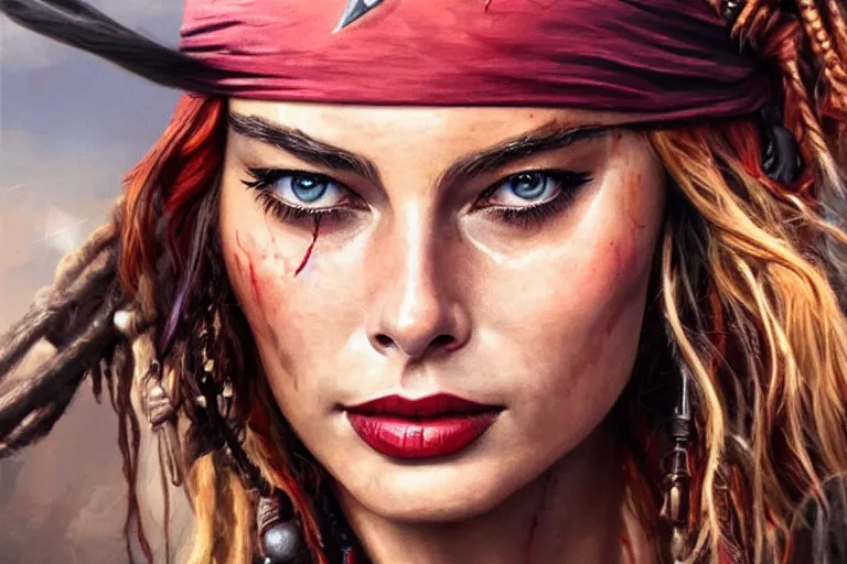 Image similar to beautiful portrait photo of Margot Robbie as Jack Sparrow pirate, elegant, sun shines in the sky, blood in the seahighly, dramatic lighting, detailed, digital painting, artstation, concept art, smooth, sharp focus, illustration, art by artgerm