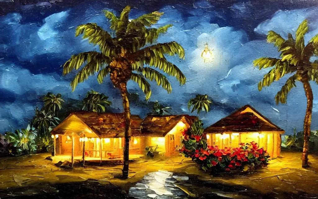 Image similar to a very very small island! with a paved patio!!, cute cozy large cottage!! and string lights!!!, palm trees, dark very late evening cloudy, dramatic and dynamic lighting, thick brush strokes oil impasto painting