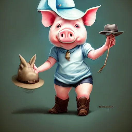 Image similar to cute little anthropomorphic funny female pig wearing shorts, a hat, boots and a pale blue shirt!! tiny!! fully clothed!!! small, short, cute and adorable, character art portrait, matte fantasy painting, deviantart artstation, by jason felix by steve argyle by tyler jacobson by peter mohrbacher, cinema