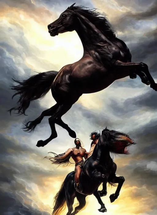 Image similar to the first horseman of the apocalypse riding a strong big black stallion, horse is running, the rider is carrying the scales of justice, beautiful artwork by artgerm and rutkowski, breathtaking, beautifully lit, dramatic, full view