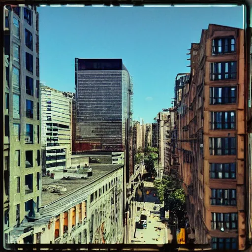 Image similar to <photograph accurate=true quality=very-high>looking out the window at a busy city street</photograph><augment>green sky</augment>