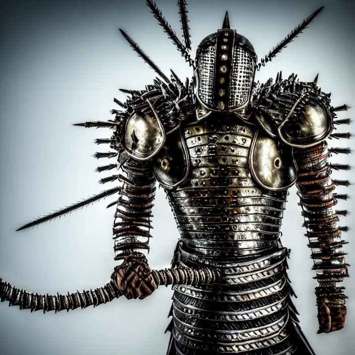 Image similar to photo of a warrior with metal centipede themed armour, highly detailed, 4 k, hdr, smooth, sharp focus, high resolution, award - winning photo