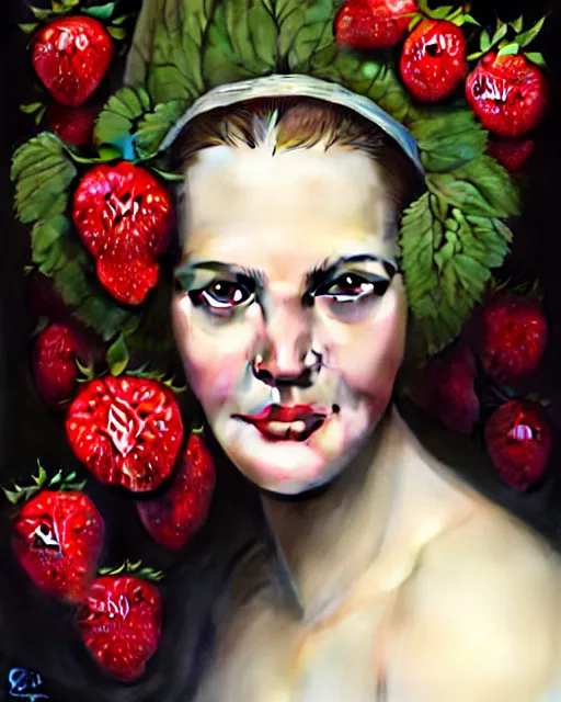 Prompt: beauty portrait, drew barrymore, strawberries, headgear leaves, wild berries, by tom bagshaw, greg rutkowski, ilya kuvshinov, craig mullins, intricate background. sharp focus, award winning, luminous