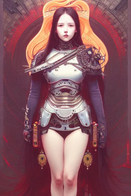 Image similar to full body painting of olivia hye loona cyberpunk samurai smiling, ultra realistic, concept art, intricate details, eerie, highly detailed, photorealistic, octane render, 8 k, unreal engine. art by artgerm and greg rutkowski and magali villeneuve and alphonse mucha