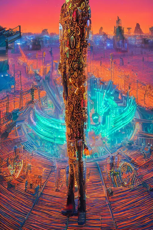 Prompt: a detailed digital neon illustration of the tall wooden burningman effigy in the style of dan mumford. maya render, greg rutkowski , psychedelic, fantasy, 8k, 3d render, intricate, symmetry, cinematic, hyper realism, high detail, 8k, iridescent accents