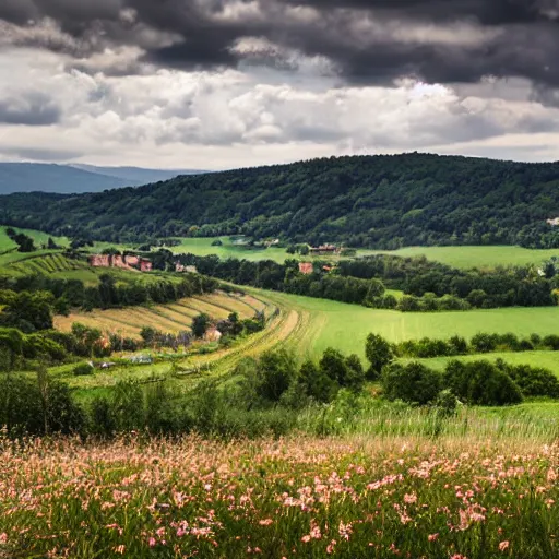 Prompt: dordogne typical landscape, hills in the background, summer, river, ultra detailed, ultra sharp, award winning. 8 k, flowers, trees, fluffy clouds, morning light, rain and very dark clouds.