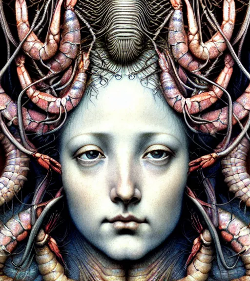 Image similar to detailed realistic beautiful shrimp goddess face portrait by jean delville, gustave dore, iris van herpen and marco mazzoni, art forms of nature by ernst haeckel, art nouveau, symbolist, visionary, gothic, neo - gothic, pre - raphaelite, fractal lace, intricate alien botanicals, ai biodiversity, surreality, hyperdetailed ultrasharp octane render