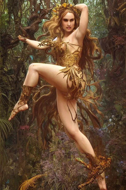 Image similar to natalie portman as queen of the jungle, jumping, midair, full figure, painted by nekro, alphonse mucha, dark - fantasy, intricate detail, artstation, cgsociety, rococo, gold leaf art