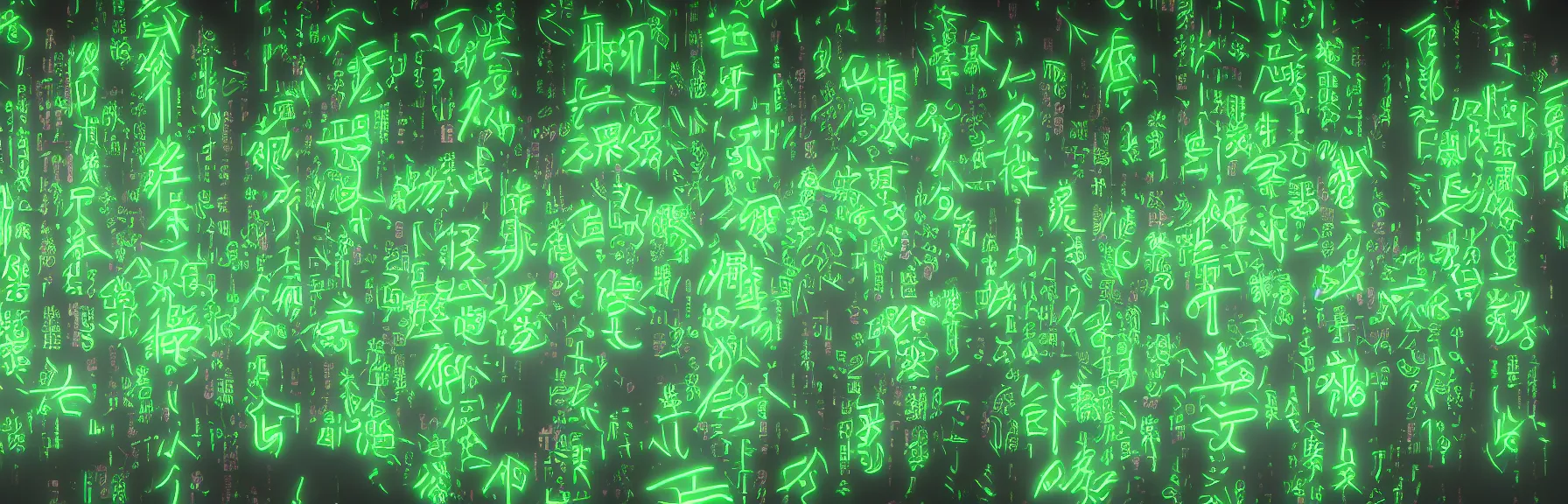 Image similar to neon green colored japanese characters dripping down from top, matrix wallpaper ; very detailed ; artstation, unreal engine 5