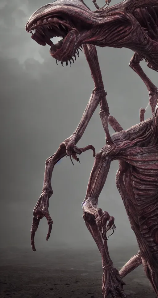 Image similar to still from a horror movie of grotesque alien lunging towards the camera, highly detailed, horror movie scene, unreal engine, octane render, natural light outside