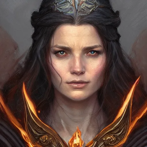 Prompt: the flame female wizard as a realistic d & d fantasy character, closeup portrait art by donato giancola and greg rutkowski, vintage retro, realistic face, digital art, trending on artstation, symmetry!!