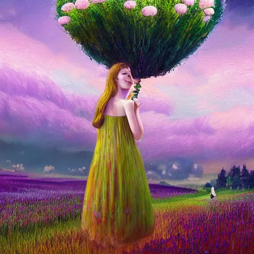 Prompt: girl with giant flower for a face, surreal photography, dream, dress made from the flower field she walks through, hills, big trees, sunrise dramatic light, impressionist painting, colorful clouds, digital painting, pointillism, artstation, simon stalenhag