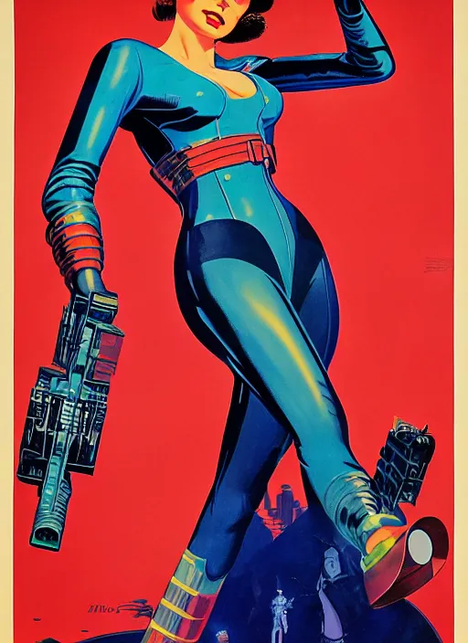 Image similar to american propaganda poster. cyberpunk hitwoman. portrait by jean giraud and anton otto fischer and john philip falter and will eisner and gil elvgren