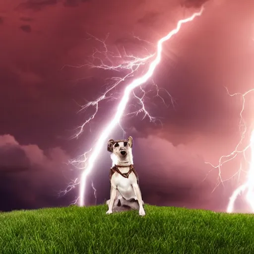 Image similar to a canine holding thor's hammer in its paw, dramatic lightning background, flying