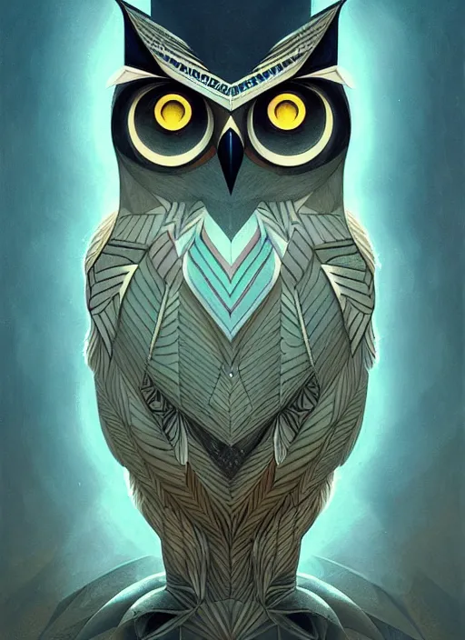 Image similar to portrait of a geometric owl, identical eyes, medium shot, illustration, full body made of white feathers, symmetrical, art stand, super detailed, cinematic lighting, and its detailed and intricate, gorgeous, by peter mohrbacher