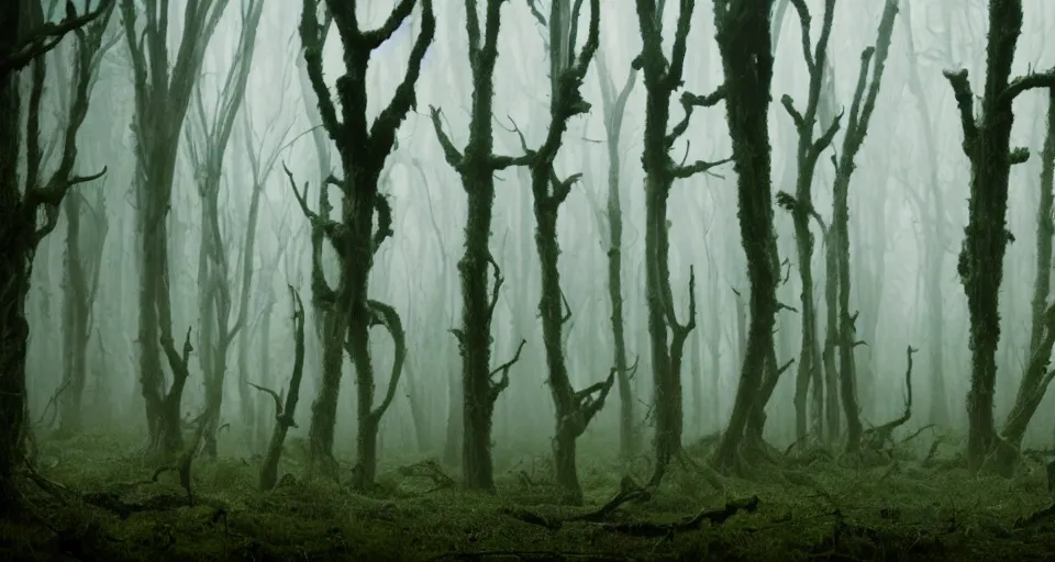 Image similar to an extremely detailed cinematic movie shot of a creepy foggy forest with twisted trees, mossy ground, filled with will-o-the-wisps in the style of tim burton