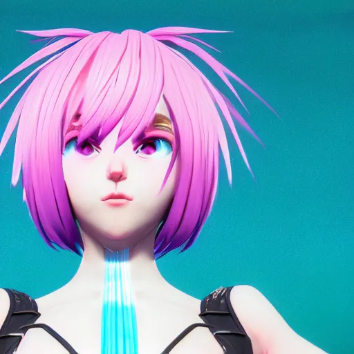 Image similar to extremely bright symmetrical image, taken from an extremely low angle at her feet, stunningly beautiful omnipotent anime goddess with pink hair and mesmerizing cyan eyes, unreal engine 5, 8 k