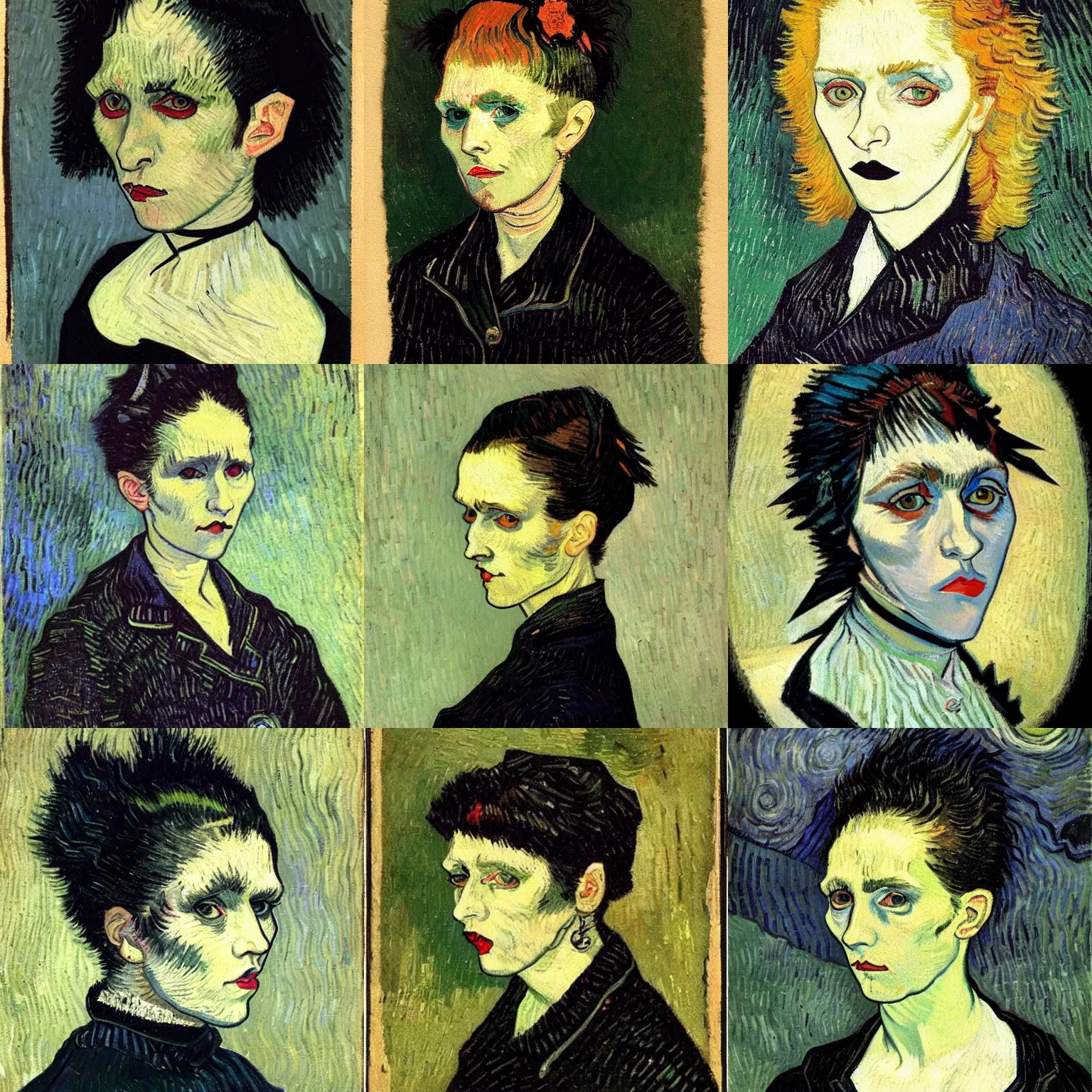 Prompt: A goth portrait painted by Vincent van Gogh. Her hair is dark brown and cut into a short, messy pixie cut. She has a slightly rounded face, with a pointed chin, large entirely-black eyes, and a small nose. She is wearing a black tank top, a black leather jacket, a black knee-length skirt, a black choker, and black leather boots.