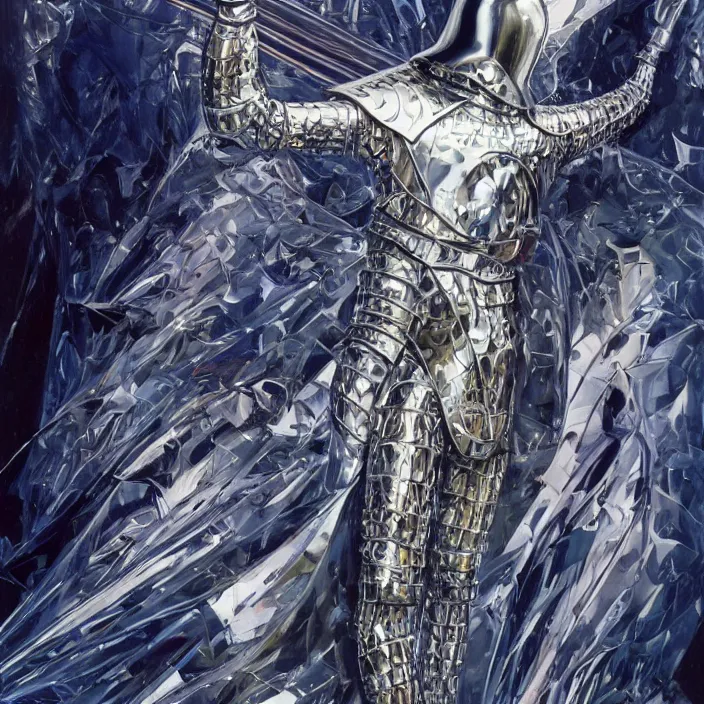 Image similar to teutonic knight, full body, high fashion, latex, futurist, aerodynamic, metallic, sharp, flowing, slick, highly detailed, motion, concept art, smooth, sharp focus, hd, art by alex grey and john berkey and annie leibovitz