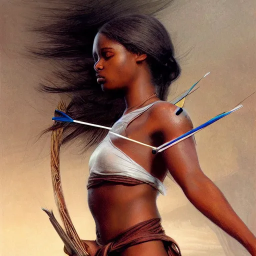 Image similar to artstation concept of a beautiful girl holding a bow and arrow, brown skin, sweaty skin, symmetrical face, casual white garment, brown canyon background, shiny colorful, hyperdetailed, artstation trending, world renowned artists, worth1000.com, historic artworks society, antique renewal, cgsociety, by greg rutkowski, by Gustave Doré, Deviantart